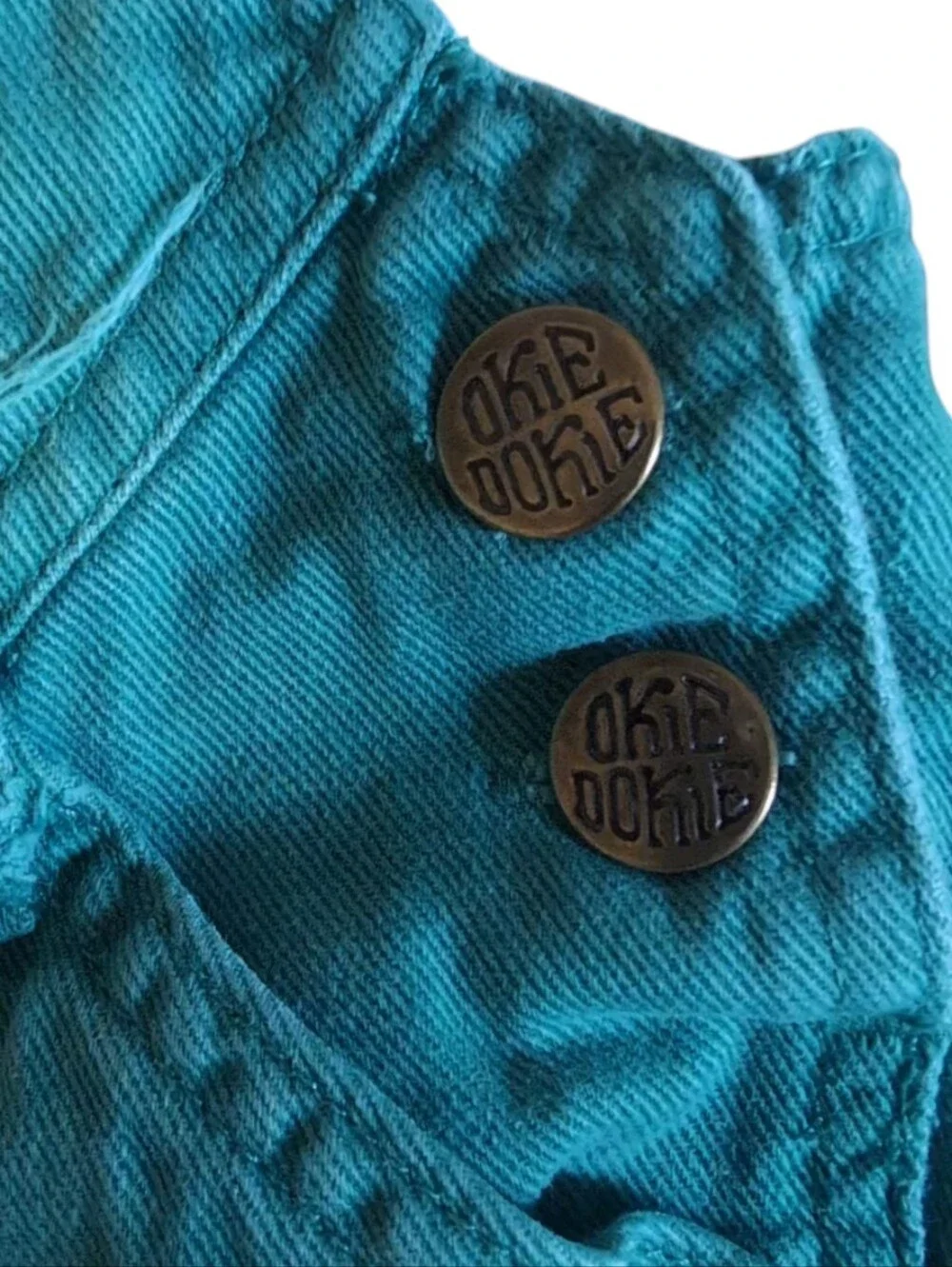 Vintage Okie‎ Dokie Teal Denim Overalls 24M Retro 90s Baby Snap Leg Romper
